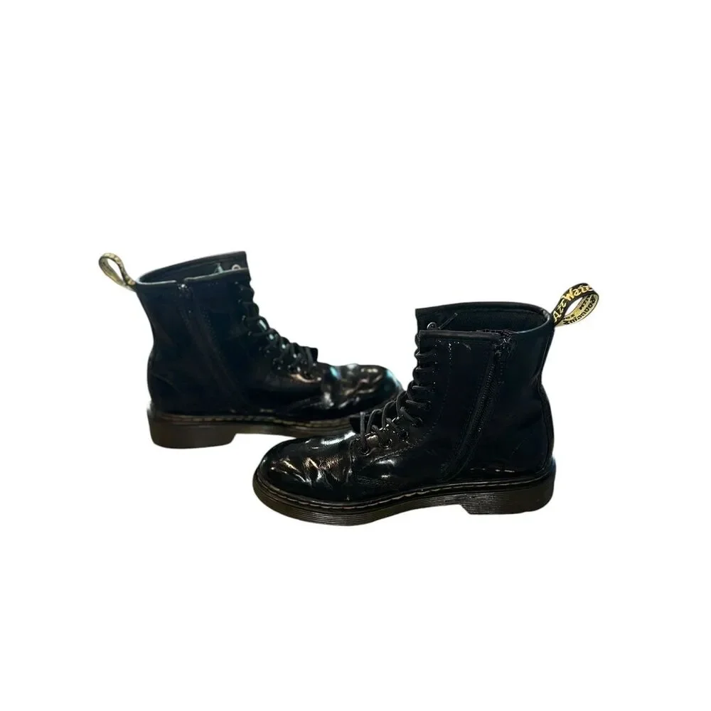 Dr. Martens Kids Patent Leather Combat Boots  Black Zip Lace-Up Ankle Boots US 3